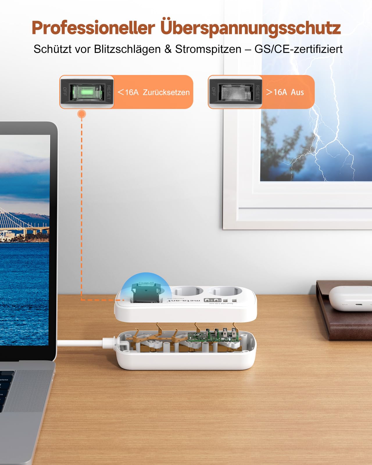 Steckdosenleiste mit USB 3.4A 17W, 3 Fach steckdosenleiste mit überspannungsschutz 4000W, Socket with 4 USB (2 USB-C), 1.5m, Steckdosenleiste Wandmontage für Heim Büro, Weiß 4