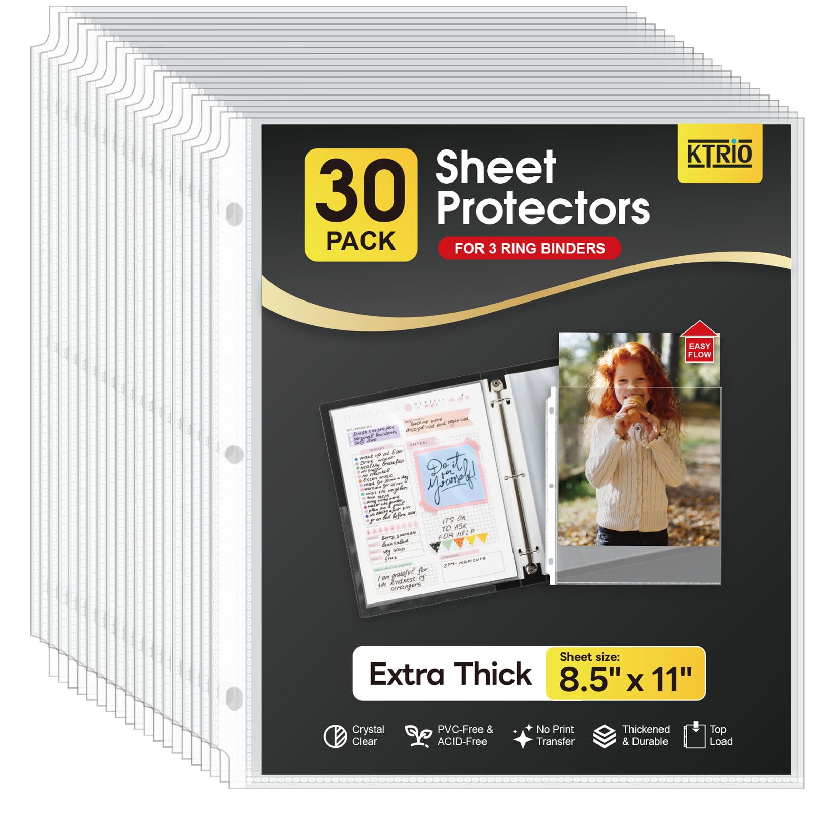 Photo 1 of KTRIO Heavy Duty Sheet Protectors 8.5 x 11 inch, 3 Mil Thick Clear Page Protector for 3 Ring Binder, Plastic Sleeves for Binders, Top Loading Paper Document Sleeve Letter Size, Office & Home, 30 Pack