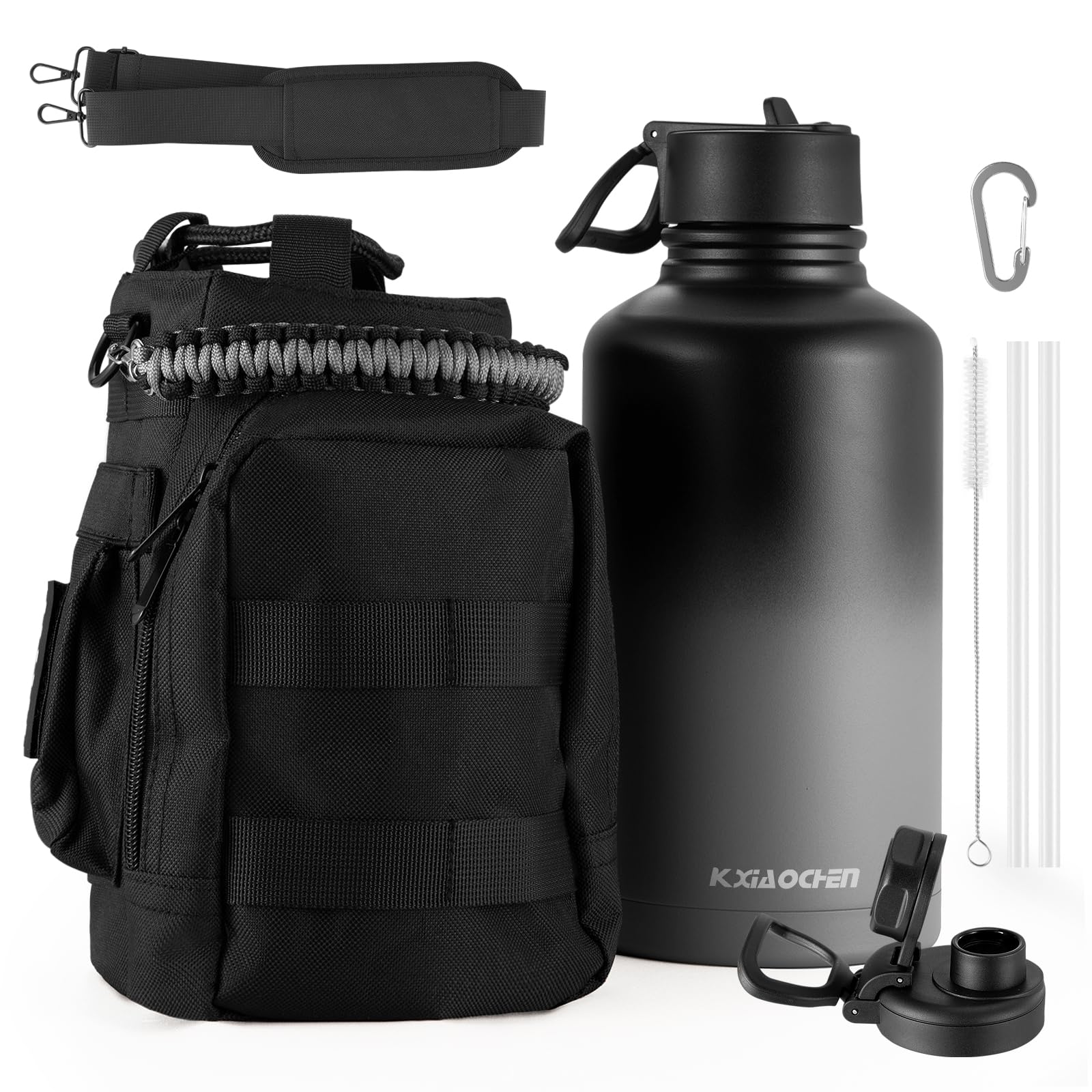 KXIAOCHEN 64oz Water Bottle with Sleeve,Stainless Steel Water Bottle with Carrier Bag,2 Lids (Straw and Handle Lid),Wide Mouth Metal Water Bottles Keep Hot and Cold, Triple Walled Image
