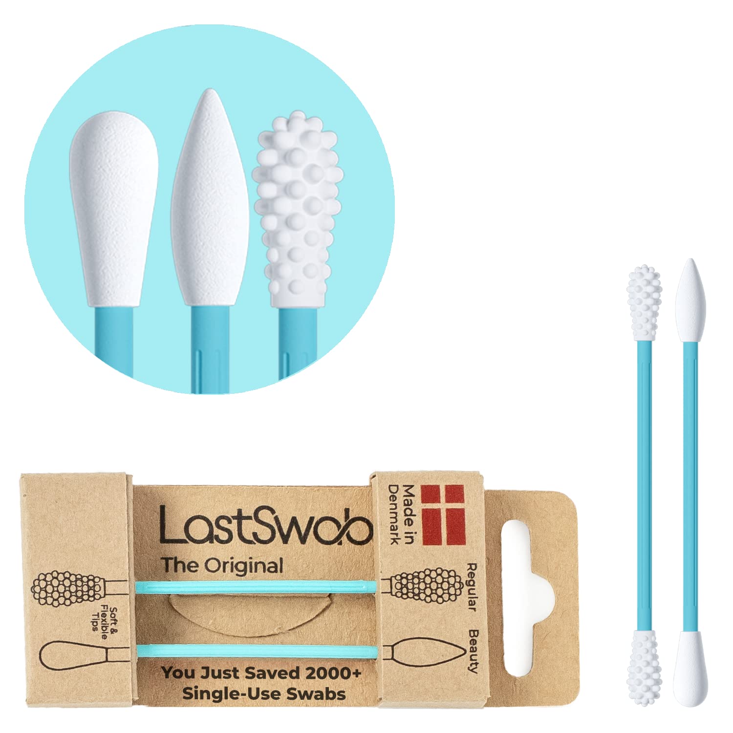 LASTSWAB - Reusable qtips Double Pack - Reusable Cotton Swabs for Ear Wax removal and Pointed qtips for Makeup removal - Zero Waste Eco friendly product (Turquoise)