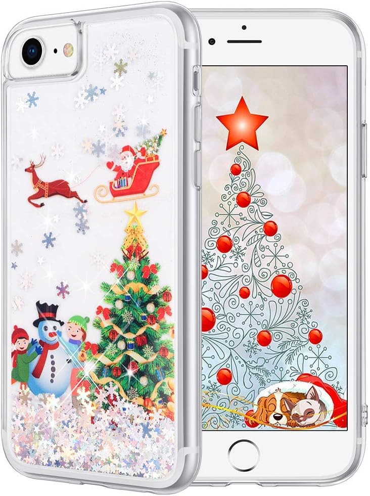 Case for iPhone 7 Plus Case/iPhone 8 Plus Glitter Case Christmas Liquid Bling Sparkle Luxury Fashion Flowing Floating Shining Quicksand Snowflake Soft TPU Clear Silver Women Girls Case,Tree&Elk