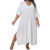 WDIRARA Women's Plus Size Swimwear V Neck Half Sleeve Split Side Cover Up Beach Dress