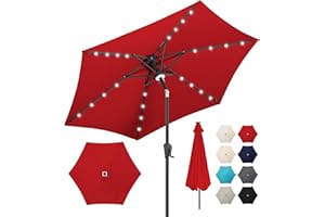 AckMizz 7.5ft Solar Umbrella Outdoor - Lighted Patio Umbrella with 24 LED Lights Waterprool Uv Protection, Table Umbrella with Tilt & Crank for Pool, Porch, Garden, Deck, Backyard(Red)