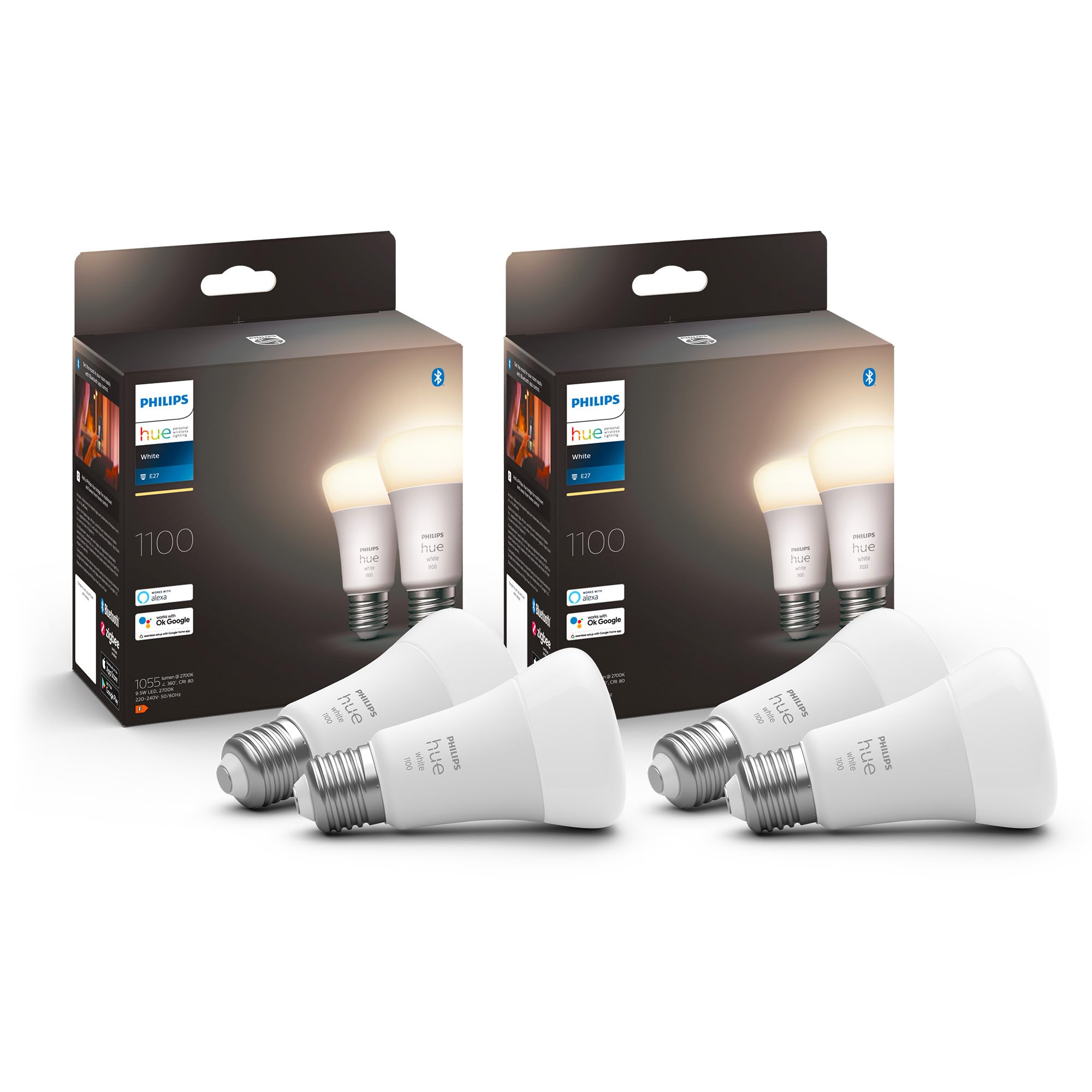 Philips Hue White E27 Lampe 4 Pack 4x1055lm, dimmbar, warmweißes Licht, steuerbar via App, kompatibel mit Amazon Alexa,9.5W (Echo, Echo Dot)