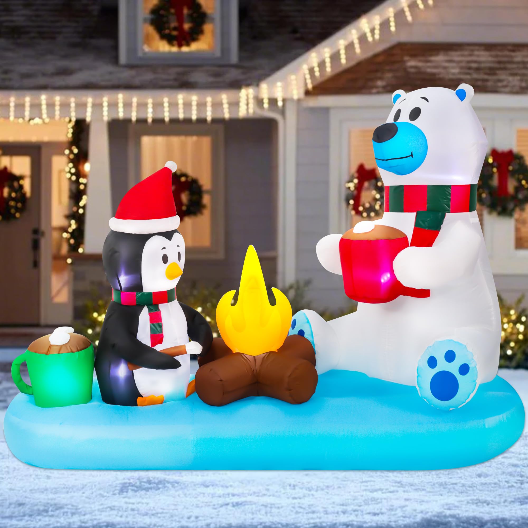 Photo 1 of 9FT Long Christmas Inflatables Decorations, Outdoor Penguin & Polar Bear Campfire Giant Blow Up with Built-in LED Lights for Yard Garden Lawn Holiday Decor