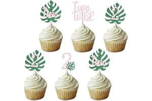 DOMOO OF DREAMS Safari Two Wild Cupcake Topper Girls 2nd Tropical Leaf Birthday Party Jungle Animals Decorations Pink 2