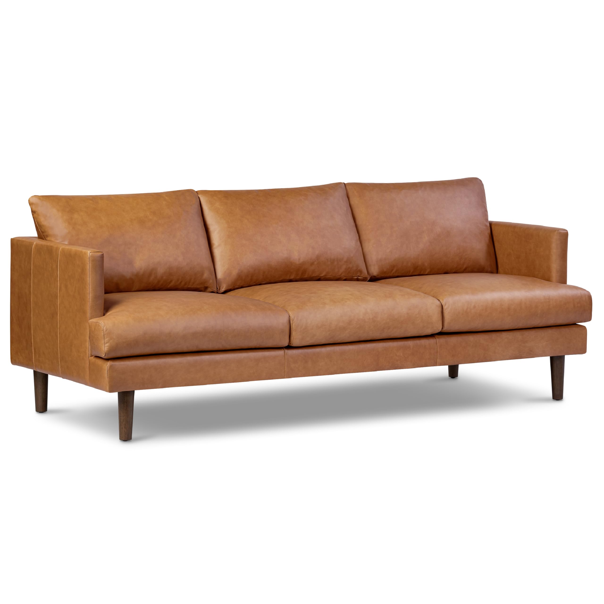 Photo 1 of *********A BROKEN ARM REST****************POLY & BARK Girona 88" Sofa – Cognac Tan Full-Grain Pure-Aniline Italian Leather, Feather-Down Cushions, Kiln-Dried Solid Wood Frame, Walnut Legs