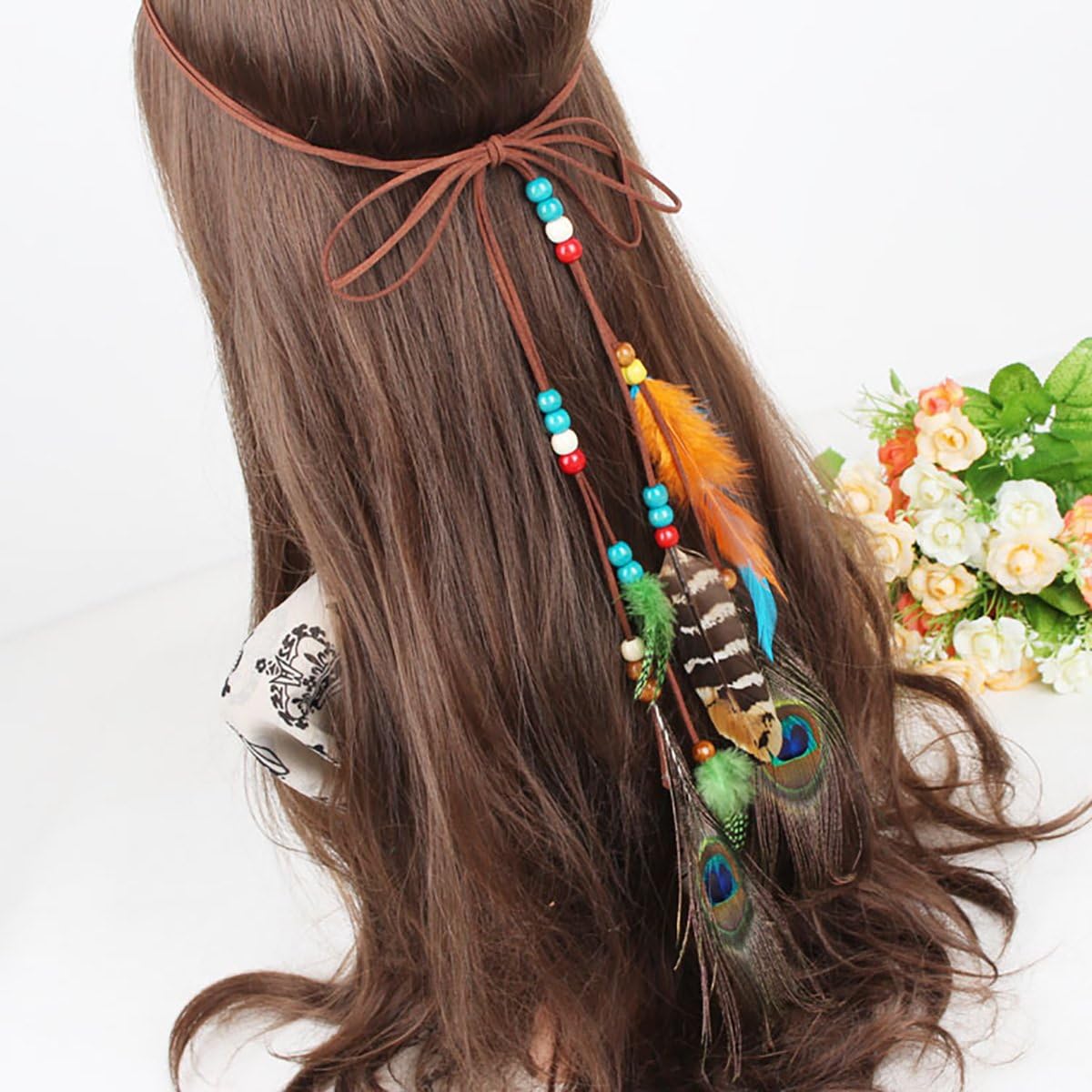 Fodattm Girls Native American Peacock Feather Headband Hair Rope Hoop Bohemian Hairband Headwear Handmade Indian Fascinator Hair Bands Headdress Hair Accessories Belt - Image 5
