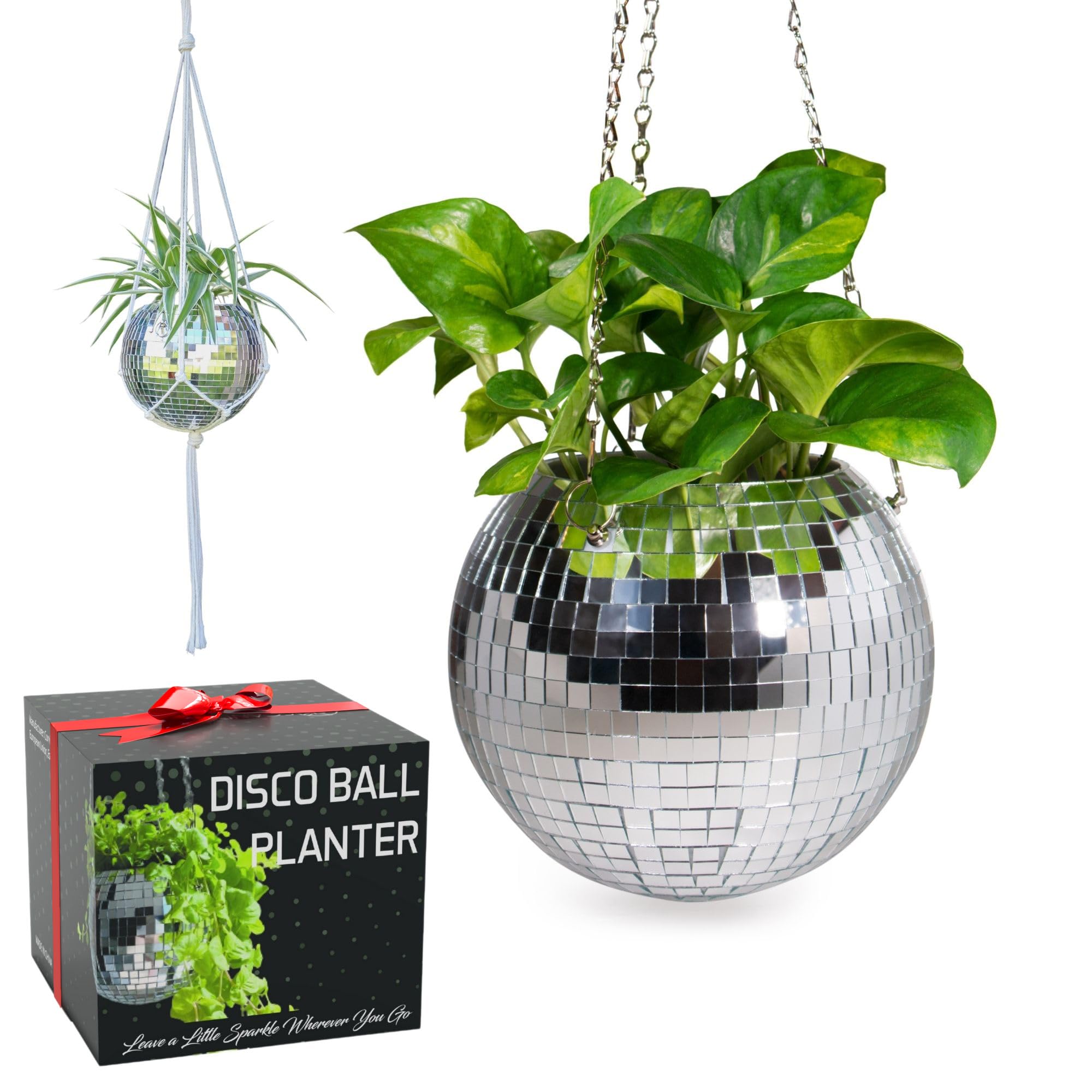 SCANDINORDICA Disco Ball Planter – Mirror Ball Plant Hanger with Chain, Macrame Hanger, Acrylic Stand and Insert Pot, Glitter Hanging Planter | Disco Ball Decor – 20 cm (8“) Silver