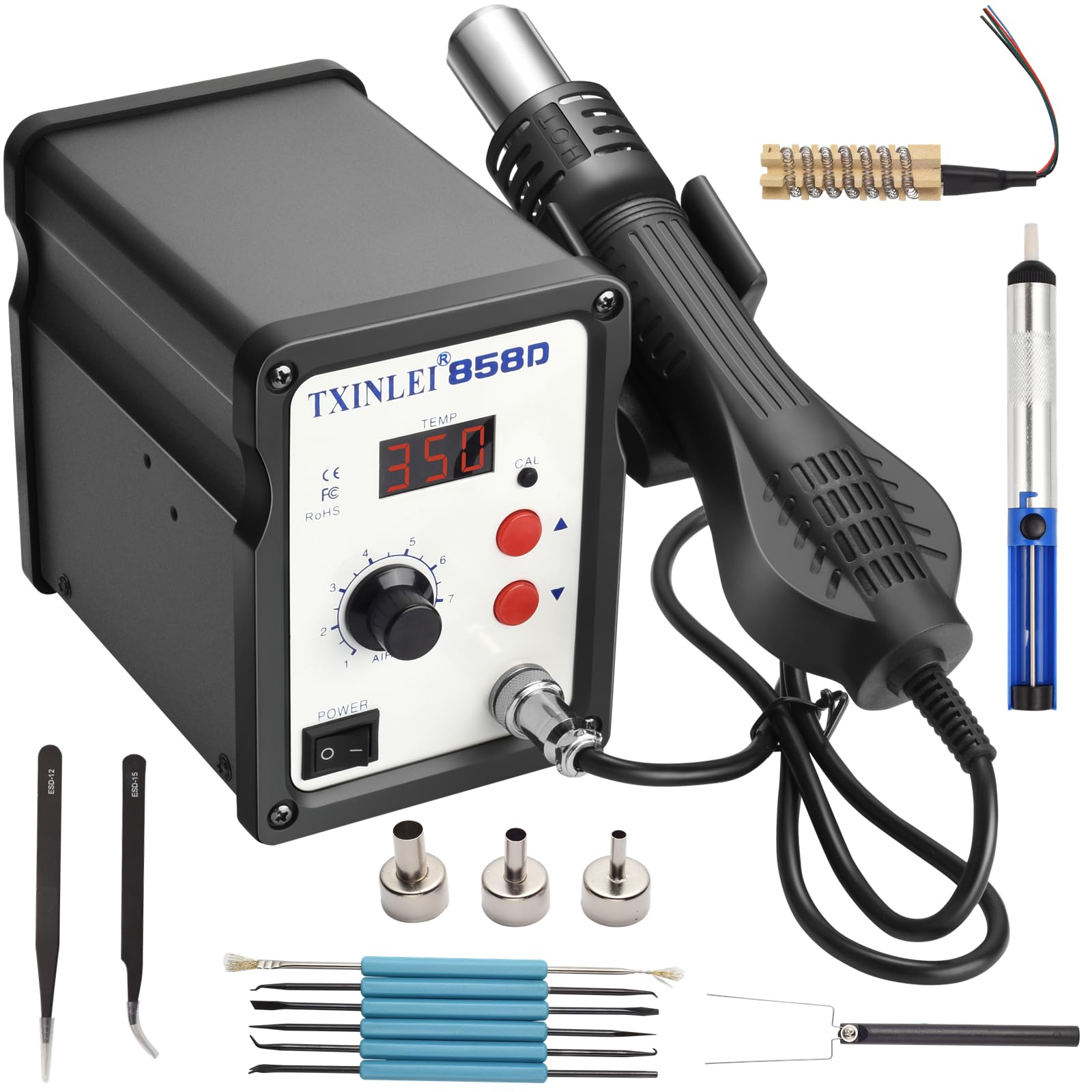 Photo 1 of TXINLEI 858D 110V Solder Station, Digital Display SMD Hot Air Rework Station Solder Iron Kit Heat Gun, Tweezers, Desoldering Pump