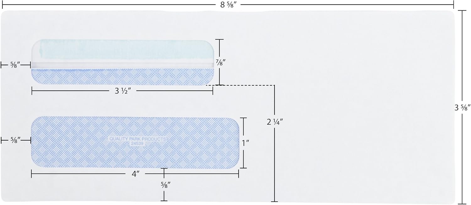 Quality Park #8-5/8 Double Window Security Tinted Check Envelopes with a Self Seal Closure, 24 lb White Wove, 3-5/8 x 8-5/8. 500 per Box (24539) : Forms Envelopes : Office Products