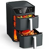 Dual Basket Air Fryer, 12.6QT Family-Size for 10–12 People, XL Basket for 6LB Whole Chicken, DoubleStack Compact Design, 10-in-1 Functions with Reheat, Dehydrate & SyncFinish, Dishwasher-Safe, Gray