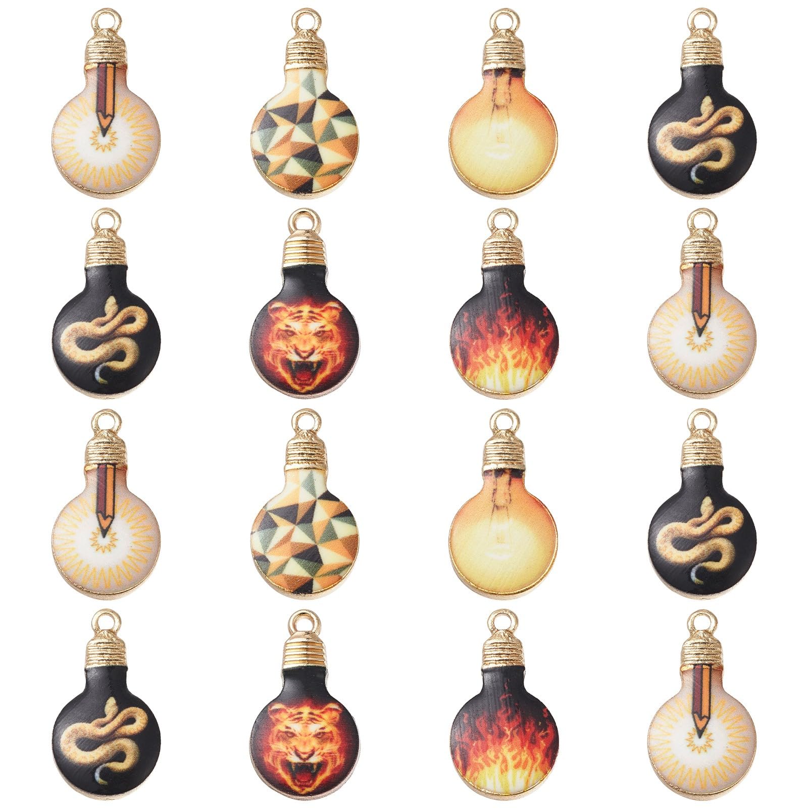 Stiesy 30Pcs 6 Styles Enamel Light Bulb Charms Pendants Tiger Fire Snake Patterns Printed Bulb Dangle Charms for Jewellry Making DIY Crafts