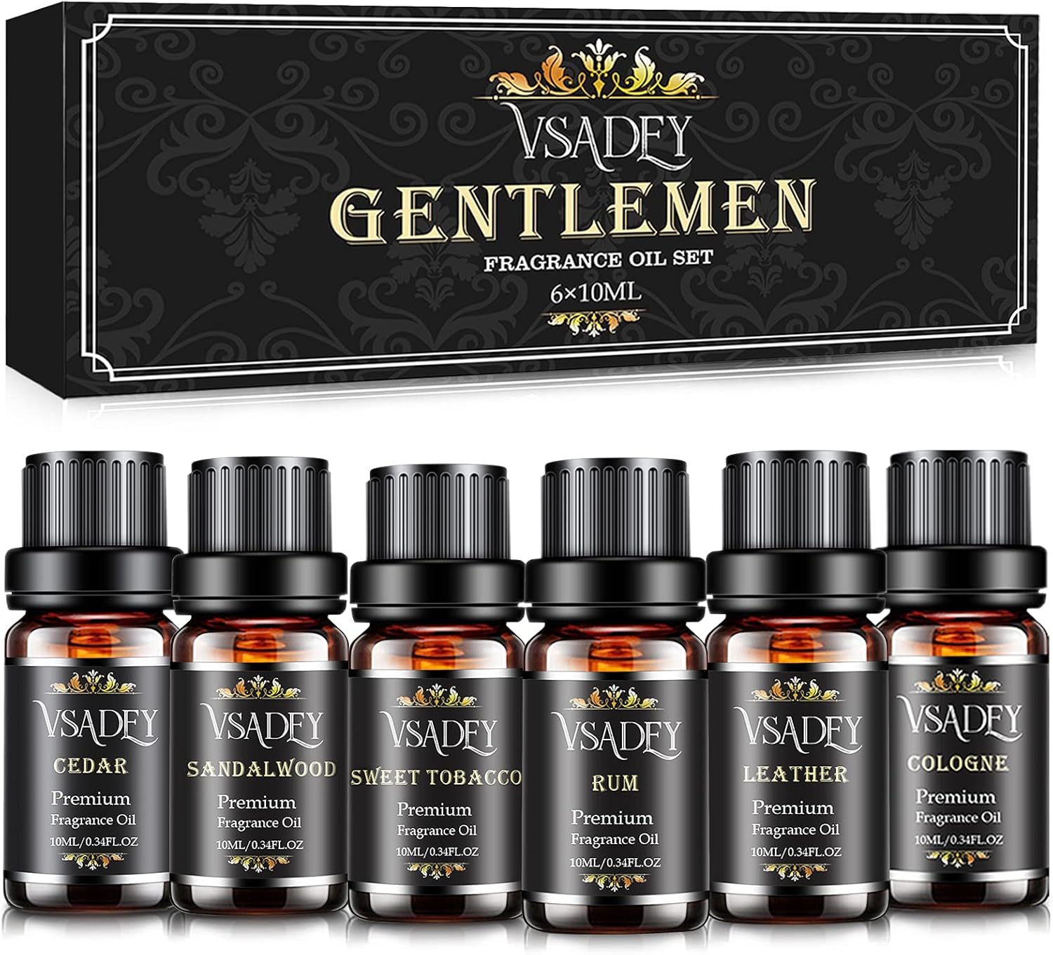 Gentleman's Essential Oils Set, Vsadey 6 X 10ML Aromatherapy Essential Oil Kit, Pure Natural Essential Oils for Diffuser (Cedar, Sandalwood, Leather, Sweet Tobacco, Bay Rum, Cologne) - Gift for Men: Health & Personal Care