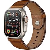OUHENG Leather Bands Compatible with Apple Watch Band 49mm/46mm/45mm/44mm/42mm, Genuine Leather Strap for iWatch Ultra 3/2/1 & SE 3/2/1 Series 11 10 9 8 7 6 5 4 3 2 1 (Retro Brown/Titanium)