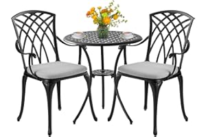 Withniture 3 Piece Patio Bistro Set with Cushions, Outdoor Bistro Table and Chairs Set of 2 with Umbrella Holes, All Weather Bistro Table Set for Garden Porch Pools (Black with Grey Cushion)