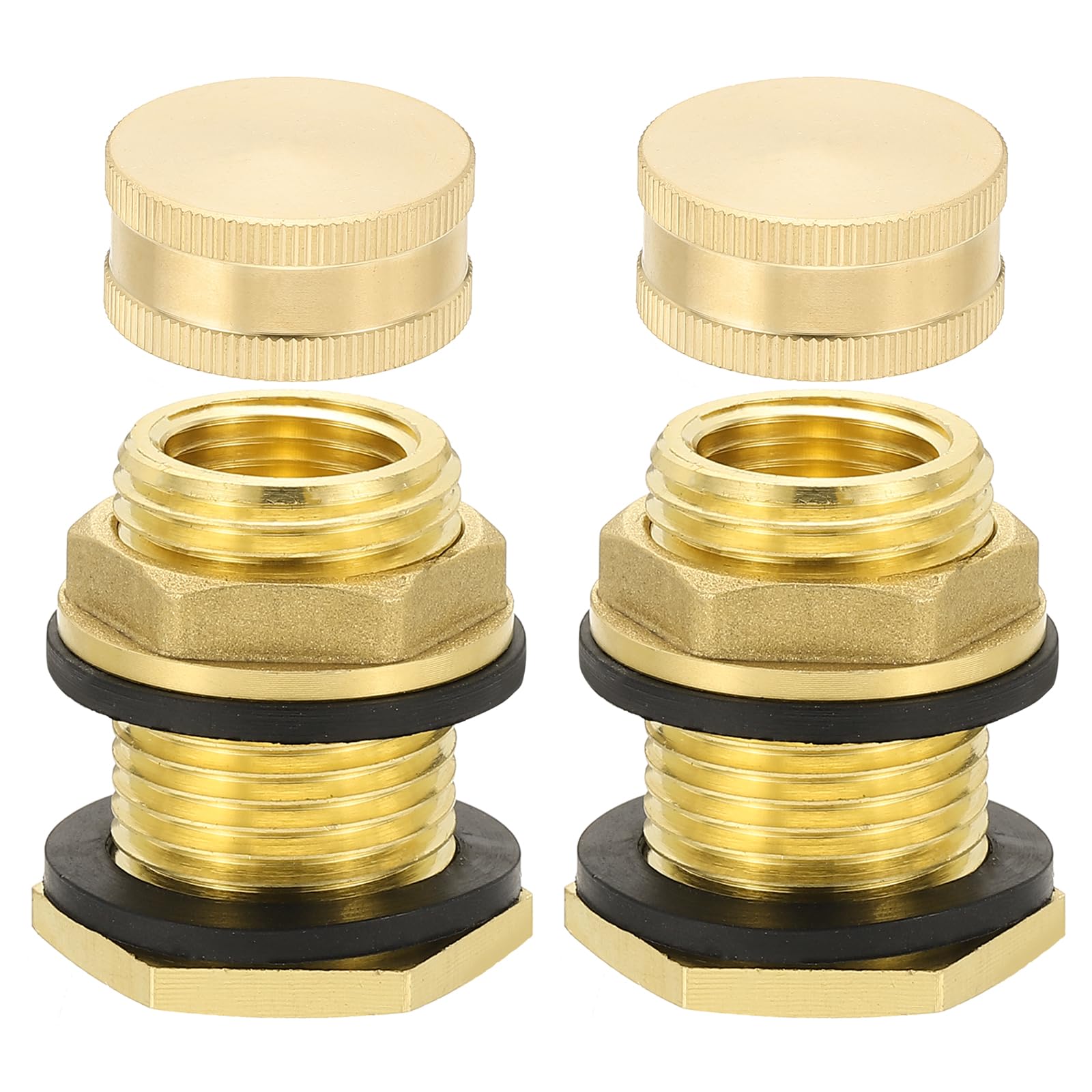 PATIKIL Brass Bulkhead Fitting with Plug 2 Pcs 1/2" NPT Female x 3/4" GHT Male, Garden Hose Threaded Double Threaded Bulkhead Water Tank Connector for Rain Bucket, Sinks, Aquariums