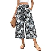 POPYOUNG Womens Capri Pant Dressy Casual Wide Leg Palazzo Pants Flowy Gaucho Pants Drawstring Trousers with Pockets