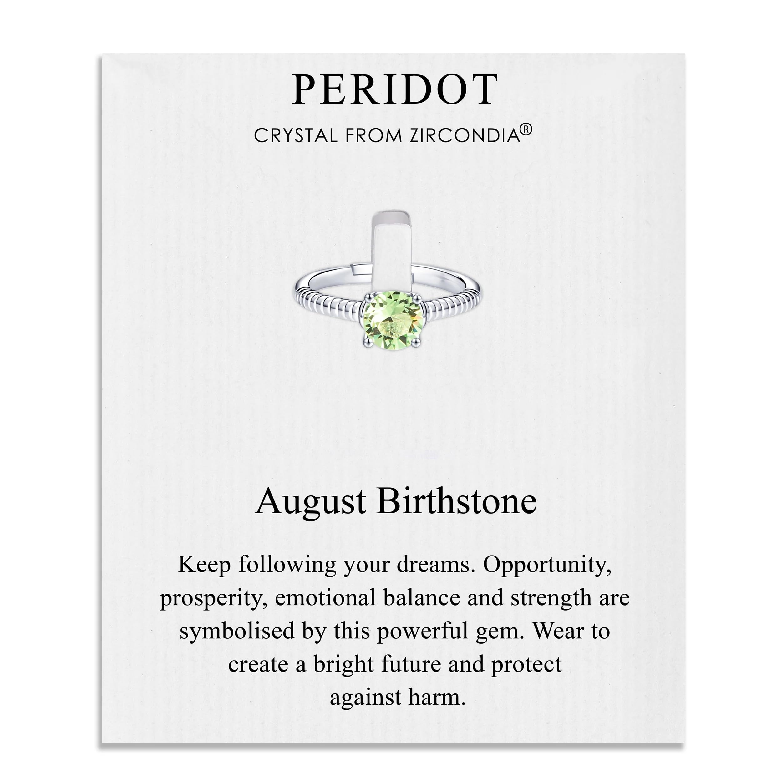 Philip Jones August (Peridot) Adjustable Birthstone Ring Created with Zircondia® Crystals
