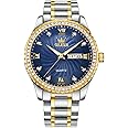 Men's Casual Stainless Steel Watch, Big Face Easy to Read Analog Quartz Watch with Day and Date, Classic Waterproof Diamond Roman Arabic Numerals Dial Dress Watch for Men, Gold Silver Black Band