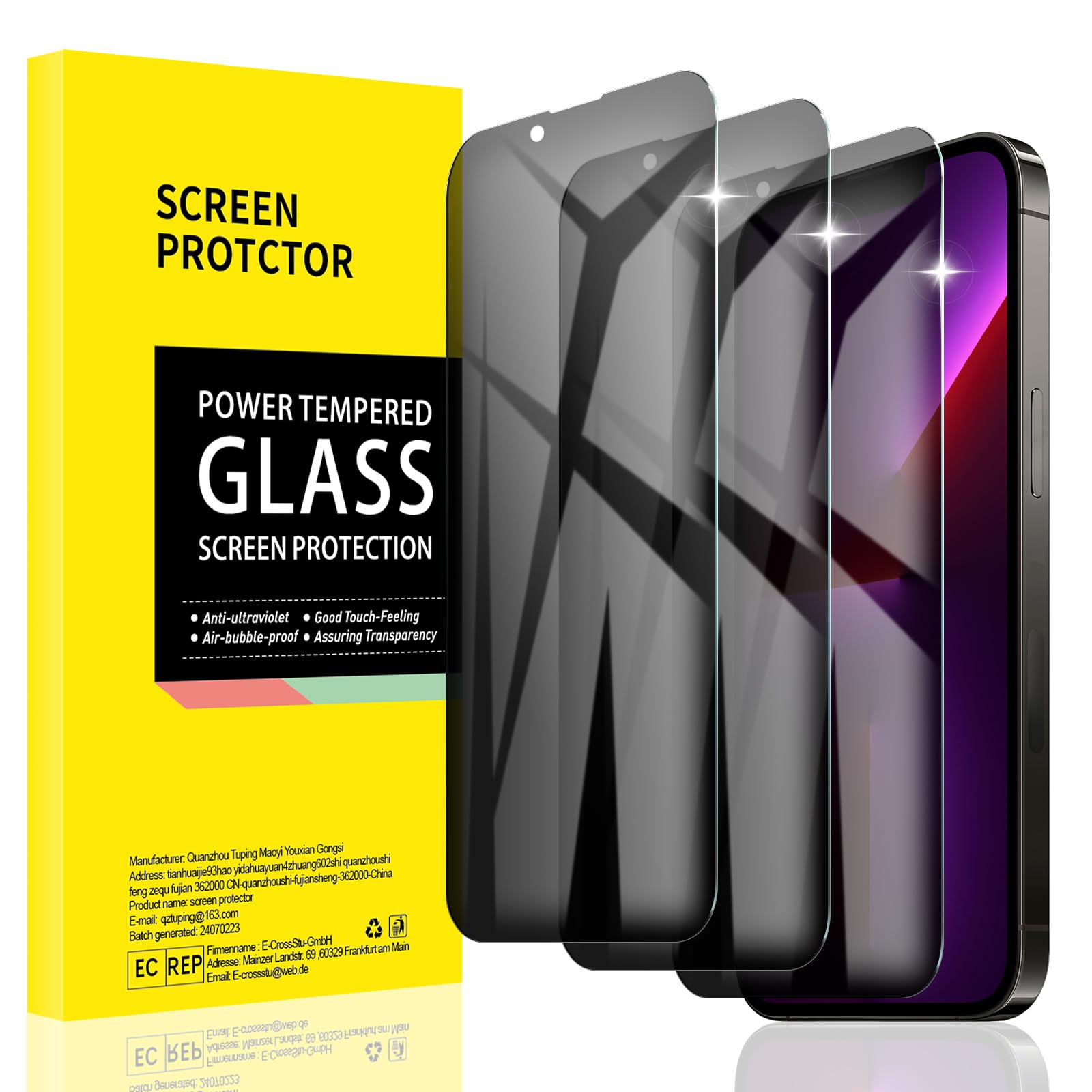 AKLPP [3 Pack] Privacy Screen Protector for iPhone 13 Pro Max/iPhone 14 Plus, Anti-Spy Tempered Glass Film Accessories, Private Protection, Anti-Scratch, Case-Friendly, Bubble Free, 9H Hardness