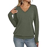 EasyGala Womens V Neck Long Sleeve Shirts Banded Bottom Cute Loose Fit Tops | Cotton Blend, Date Night, Going Out Outfits, Vacation, Dressy Casual Outfits for Fall Spring, Basic, Dailywear, Workout