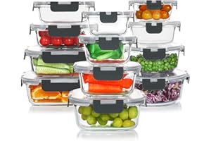 KOMUEE 24 Pieces Glass Food Storage Containers Set,Glass Meal Prep Containers-Stackable Airtight Glass Storage Containers with lids,Freezer to Oven Safe,Gray