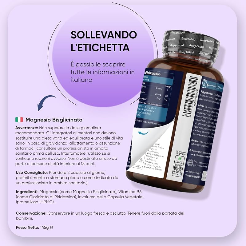 Magnesio Bisglicinato 1432mg per Dose con Vitamina B6, 180 Capsule, 3 Mesi