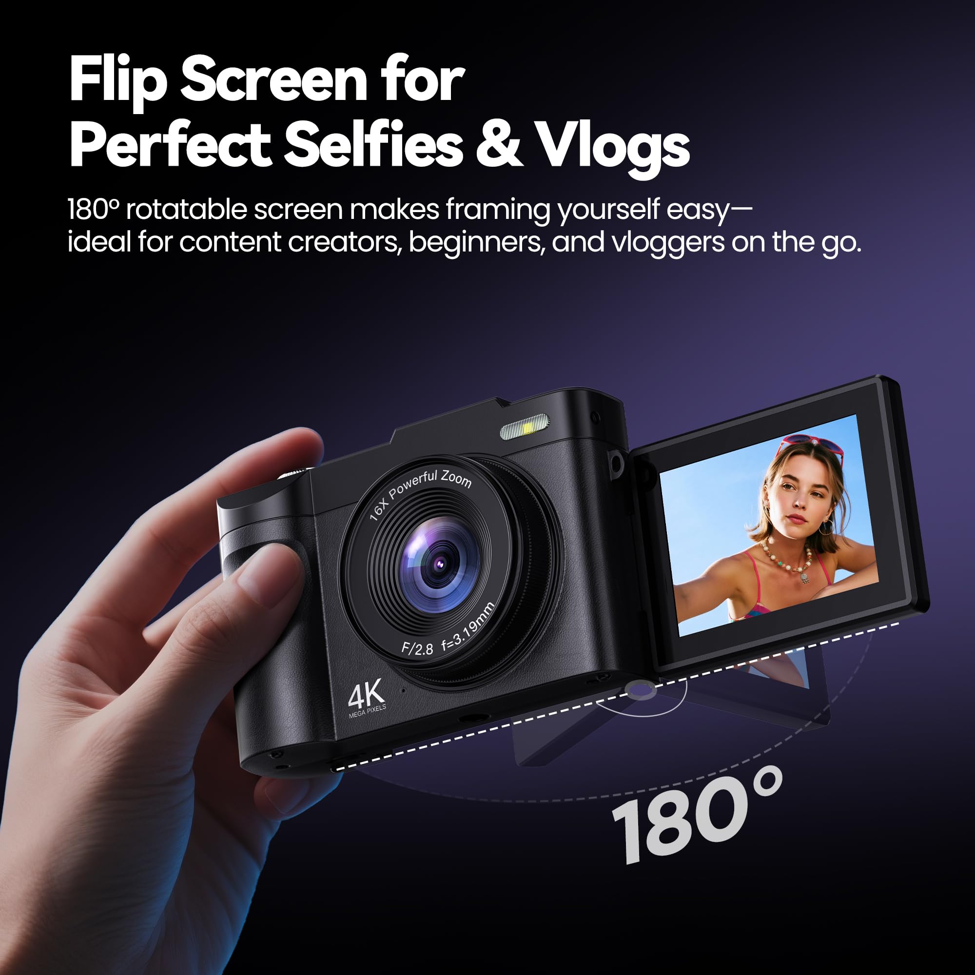 Digital Camera 4K for Photography Vlogging: 50MP Cameras for Video - 16X Zoom Photo Camera Gifts for Teens Ages 8-16 - 180°Flip Screen Compact Cámara - Point and Shoot Digital Cameras for YouTube