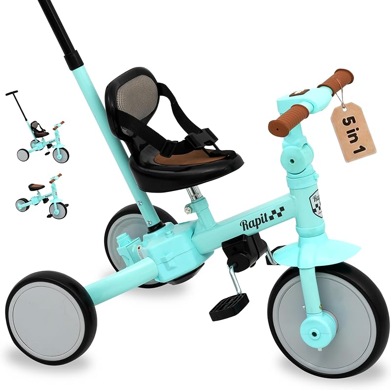 Triciclo Evolutivo Bebé 5-em-1 | Bebé Triciclo Descapotável de 1 Ano em Bicicleta Sem Pedais | Bicicleta de Bebé & Passeio 1-5 Anos | Ajustável, Transformável e Estável (Verde)