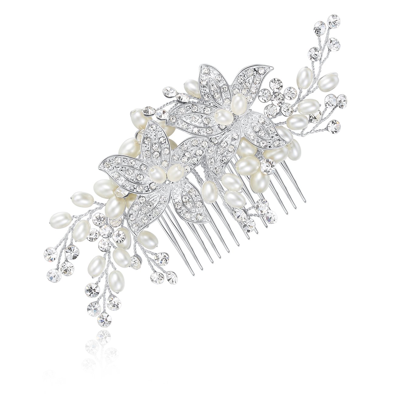 HONEY BEAR Bridal Jewellery Flower Hair Combs Clip for Womens Wedding Accessories,Simulated Pearl and Rhinestones,Silver