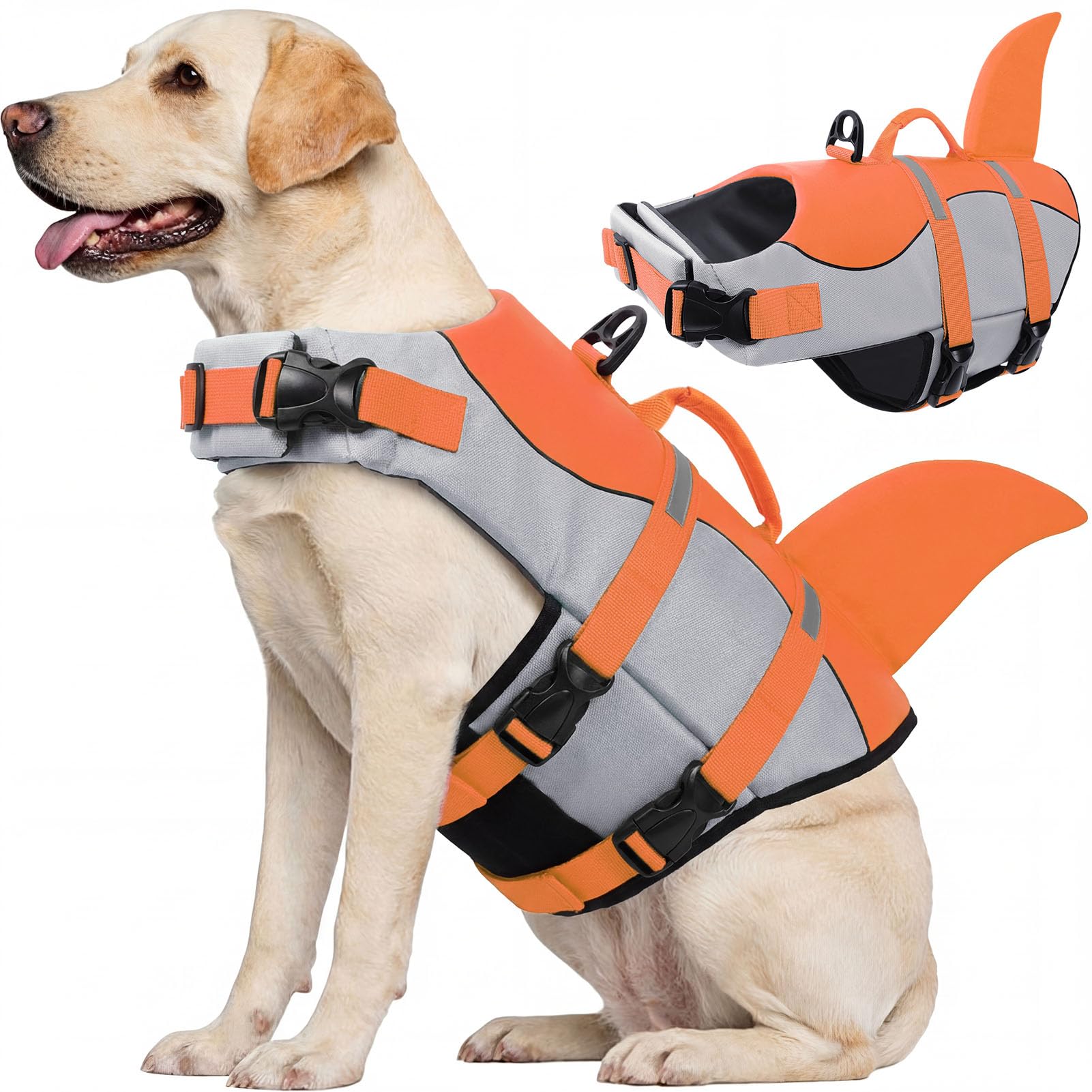 CITÉTOILE Dog Life Jacket Shark Costume, Puppy Safety Vest for Swimming Pool Beach Boating, Training Flotation Vest with Rescue Handle & Reflective Strips for Dogs, Orange, XL
