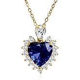 Watforsh 14k Gold Plated Sapphire Blue Heart of The Ocean Pendant Adjustable Chain Cubic Zirconia Birthstone Thin Necklace for Women Jewelry
