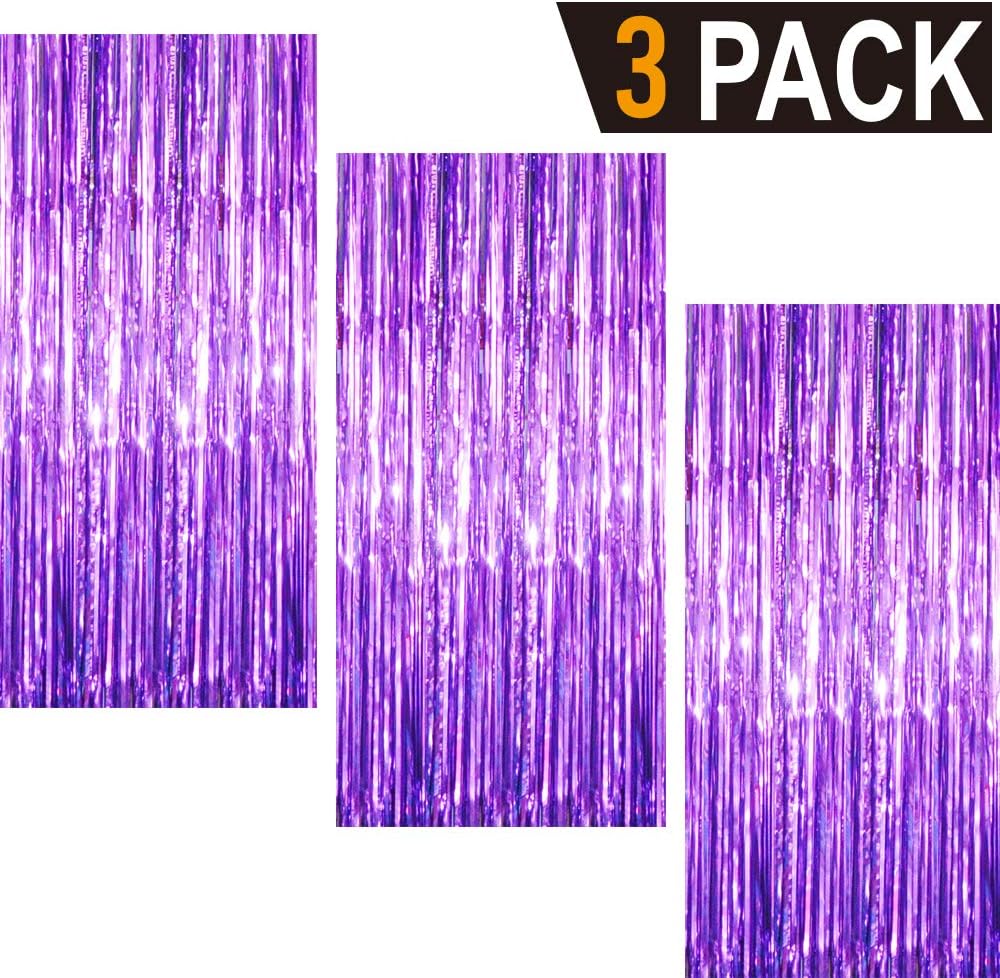 GOER 3.2 ft x 9.8 ft Metallic Tinsel Foil Fringe Curtains for Party Photo Backdrop Wedding Decor (3 Packs,Purple)