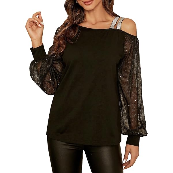 Xxxiticat Women's Off Shoulder Lace Top - Long Sleeve V Neck Loose Fit Patchwork Tee, Plus Size Available