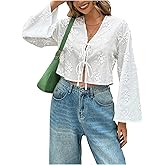 Floerns Women's Cute Tie Front Bell Sleeve Blouse Shirts V Neck Embroidery Loose Crop Tops