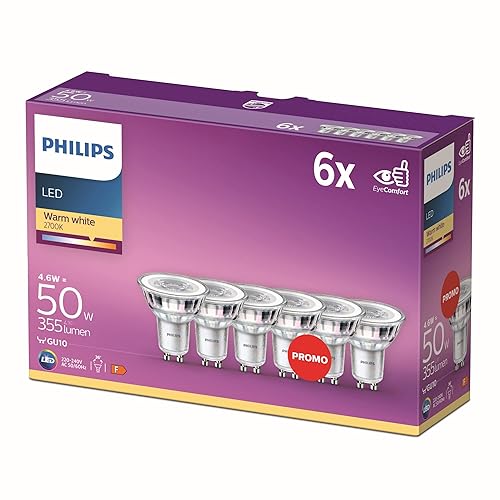 Philips LED Classic Light Bulb 6 Pack [GU10 Spot] 4.6 W - 50 W Equivalent, Warm White (2700K), Non Dimmable, Standard Range
