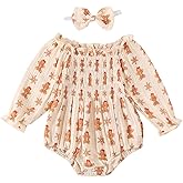 COORALLY Infant Baby Girl Christmas Outfit Cotton Linen Smocked Bodysuit Long Sleeve Romper with Headband