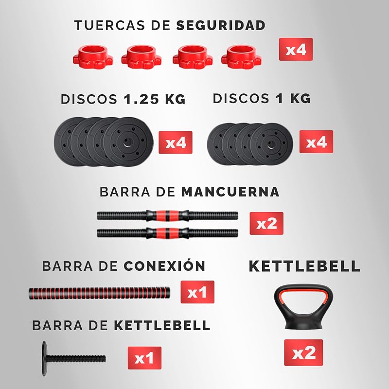 Juego de Mancuernas Ajustables 4 en 1 + Kettlebell - 10kg 20kg 35kg - Kit de Pesas con Barra Recta Ajustable y Antideslizante - Pesas y Mancuernas Discos Recubiertos - Set de 10 kg