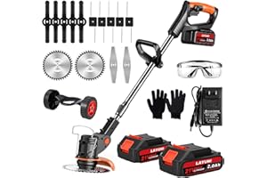 LAYUNI Cordless Weed Wacker, 21V Electric Weed Trimmer Battery Powered with 2X 2.0Ah Batteries, 3 in 1 Stringless Grass Trimmer/Edger/Brush Cutter with 3 Types Blade for Lawn Yard Garden