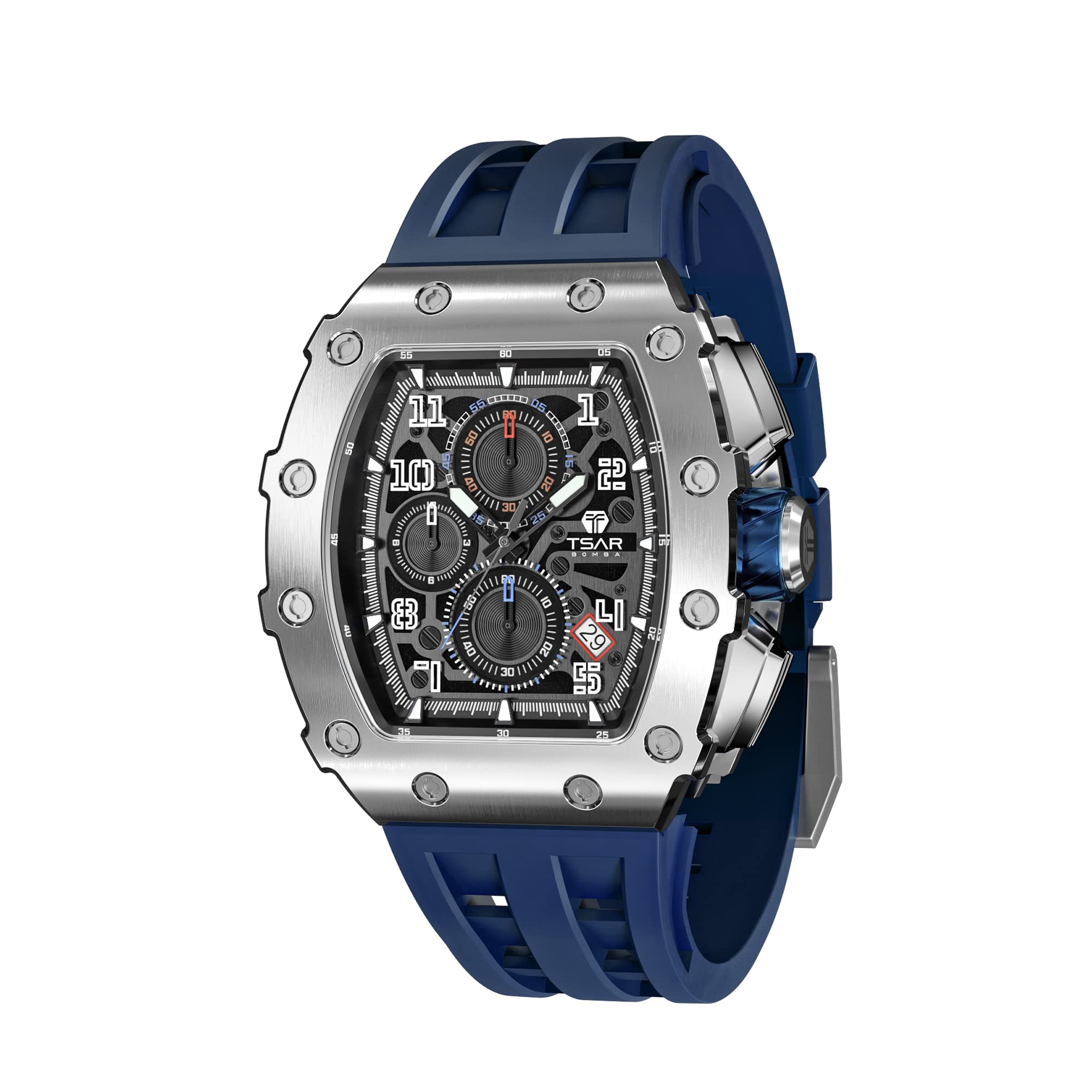 TSAR BOMBA Men’s Watch UK Wristwatches for Men 50M Waterproof Watches Men Tonneau Stainless Steel Case Sapphire Glass with Chronograph Date Function Japanese Quartz Movement Gifts Fashion Luxury