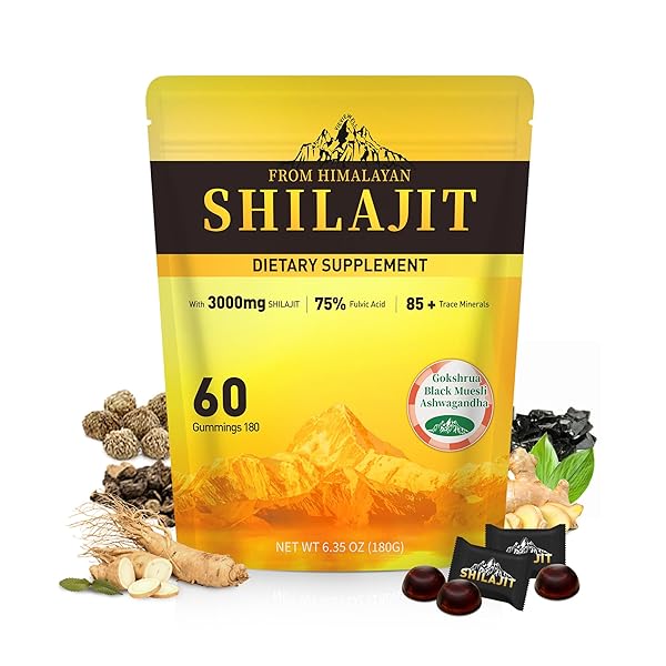 PURE HIMALAYAN SHILAJIT GUMMIES 3000MG WITH 85+ TRACE MINERALS & FULVIC ACID, 100% NATURAL&ORGANIC, NO ADDED SUGAR, LAB TESTED, GOLD GRADE SHILAJIT GUMMIES FOR MEN & WOMEN, INDIVIDUALLY PACKAGED