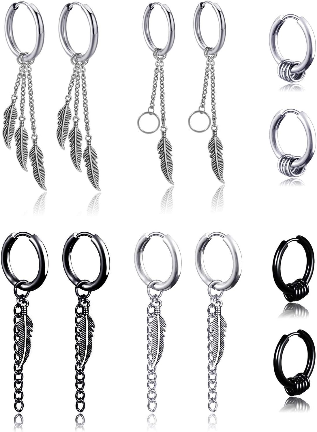 6 Pairs Kpop Feather Earrings Dangling Earrings Stainless Steel Huggie Hoop Earrings Drop Dangle Earring Chain Earrings for Men Women Teen Boys Girls Jewelry Set