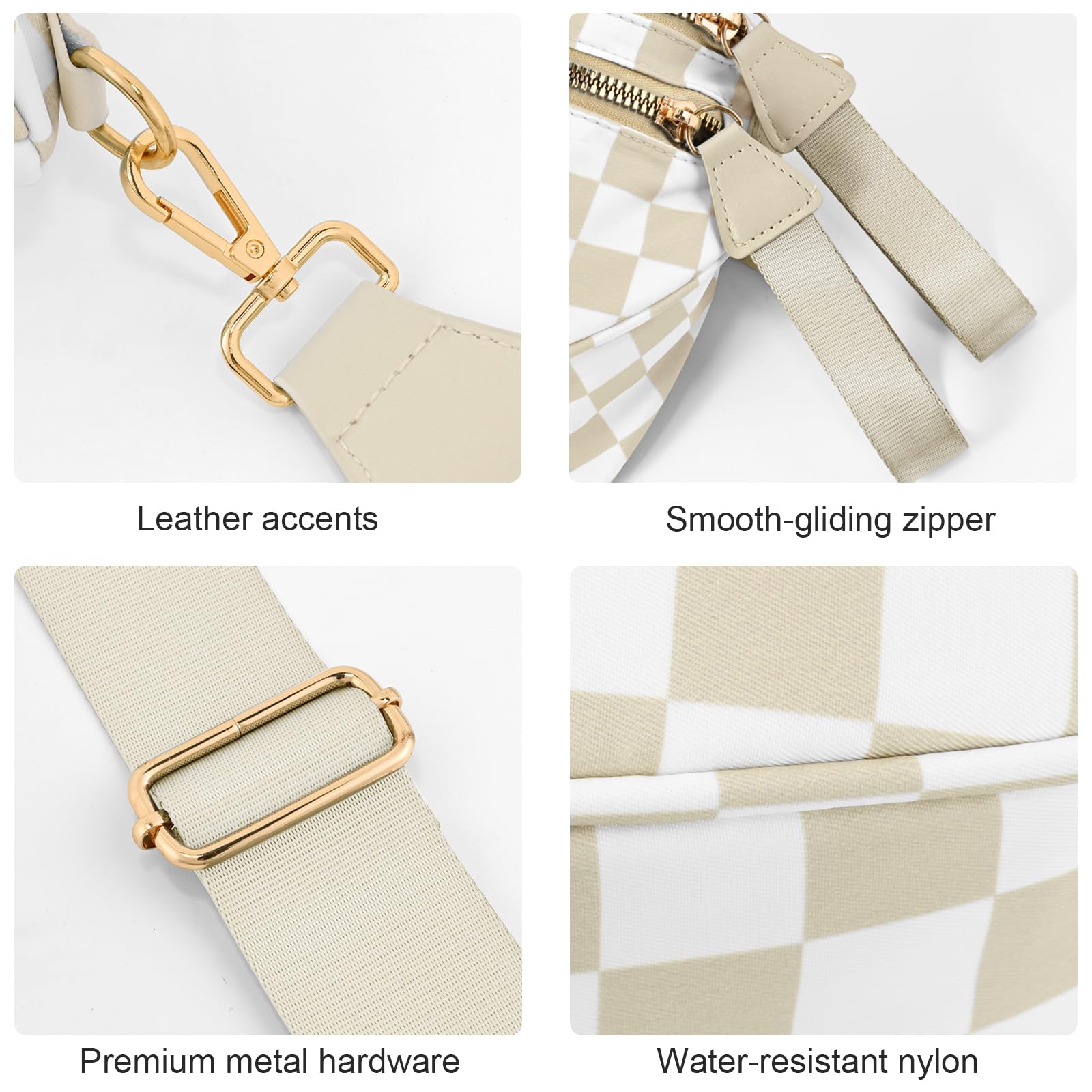 NEWROGENG Checkered Crossbody Bags for Women, Large Nylon Bum Bags Plus Size Fanny Pack Sling Bag Belt Bag for Women Travel, Beige Checkered