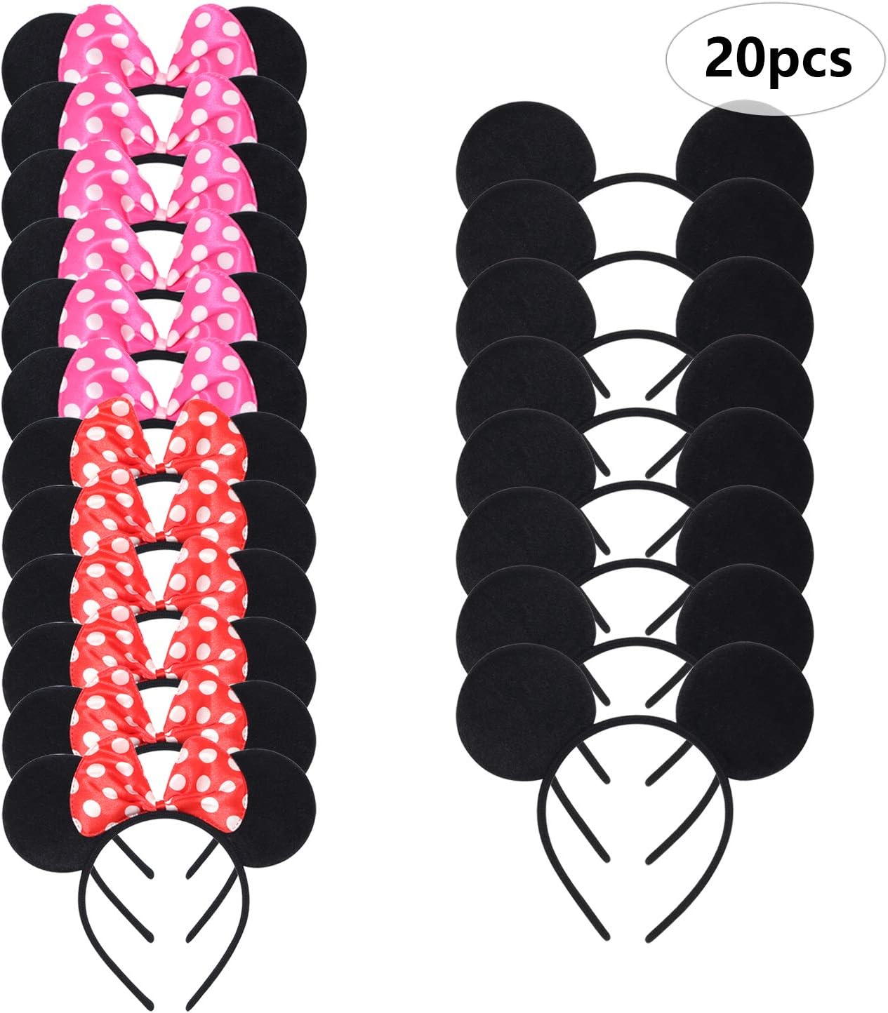 Beeager 20 pcs Mickey Minnie Mouse Ears Solid Black Pink and Red Bow Headband for Boys and Girls (Black Pink and Red)
