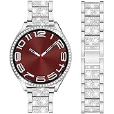 DEALELE Bands Compatible with Samsung Galaxy Watch 6 40mm 44mm / Galaxy 6 Classic 43mm 47mm, 20mm Slim Bling Rhinestone Metal Strap with Diamond protective case Replacement for Women Men (Silver)