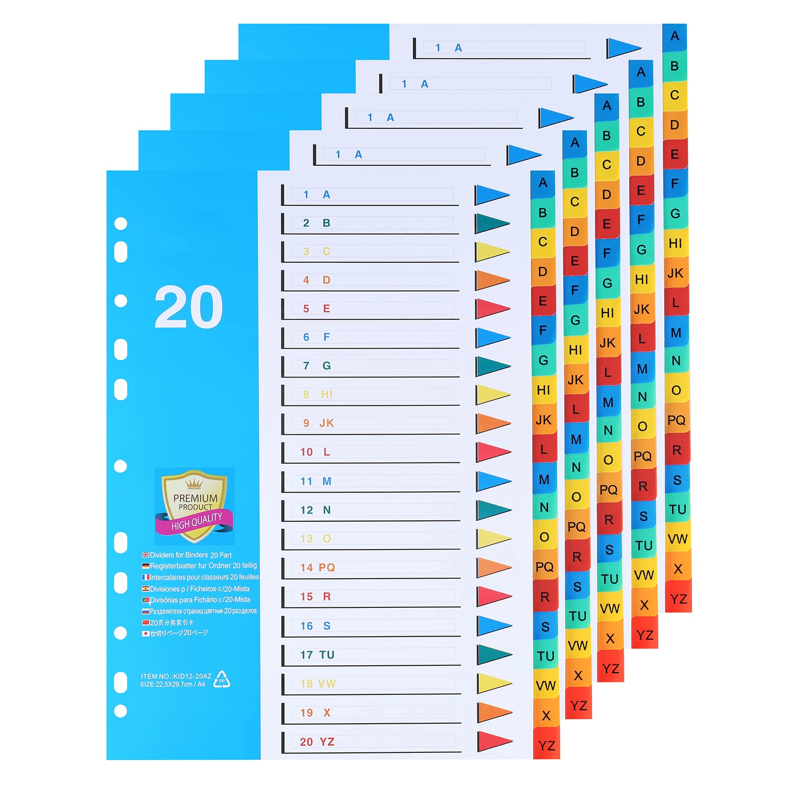 (5 Pack) DONGLI A4 File Dividers 20 Part Index A-Z, Subject Divider with 11-Holes Multi-Colour Tabs for Home Office School