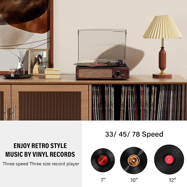 VINYL RECORD PLAYER TURNTABLE WITH BUILT-IN BLUETOOTH RECEIVER & 2 STEREO SPEAKERS, 3 SPEED 3 SIZE PORTABLE RETRO RECORD PLAYER FOR ENTERTAINMENT AND HOME DECORATION
