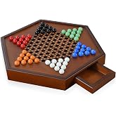 DecoWoodo 15" Large Upgraded Wooden Chinese Checkers Game Board &ndash; Premium 16mm Glass Marbles (60 + 12 Extras), Easy Grip, Storage Drawer, Ideal Multi-Player Puzzle Game for 2-6 Players