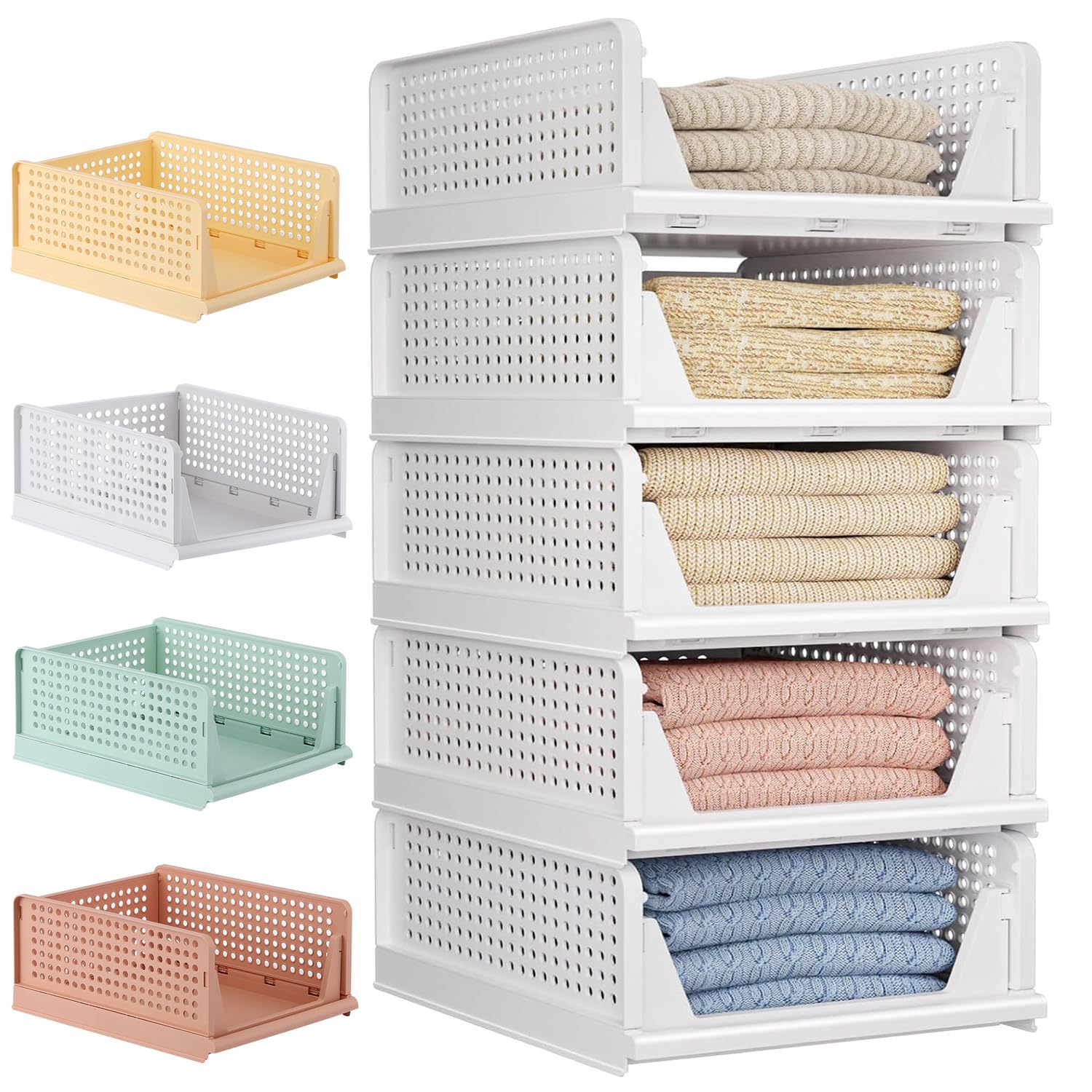 Photo 1 of 5 Pack Folding Closet Organizers Storage Box, Stackable Storage Bins, Plastic Drawer Basket Closet Storage for Wardrobe Cupboard Kitchen Bathroom Office 5L (White)